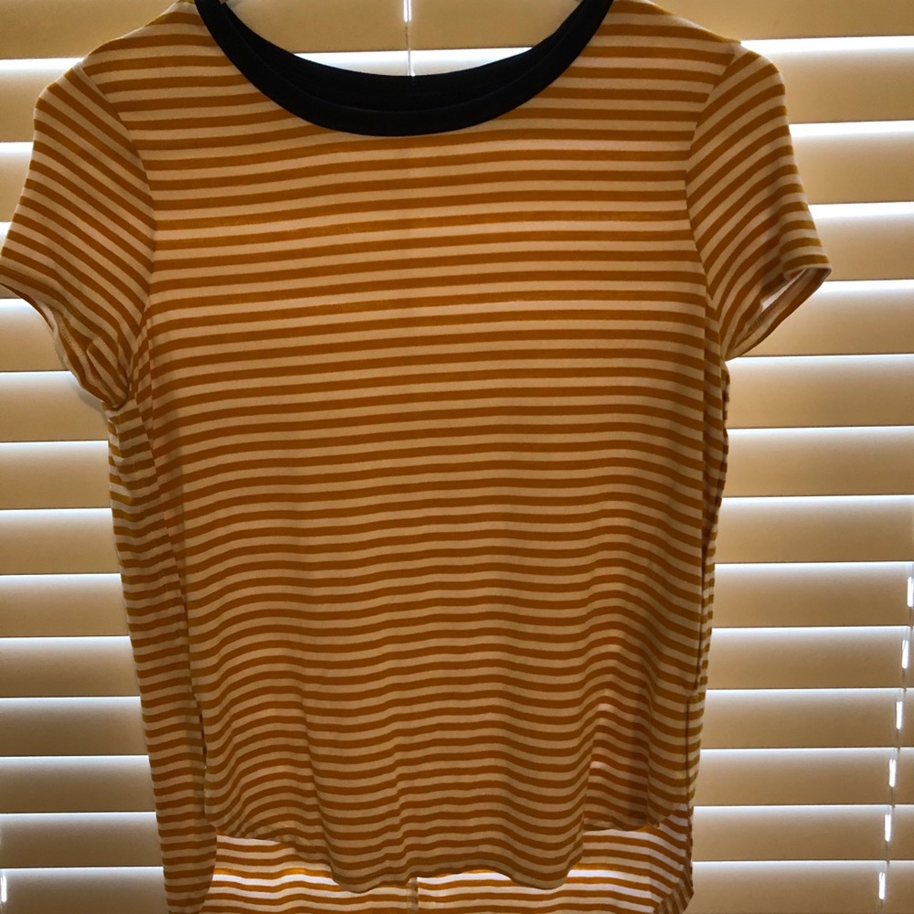 white and yellow striped shirt, with navy collar